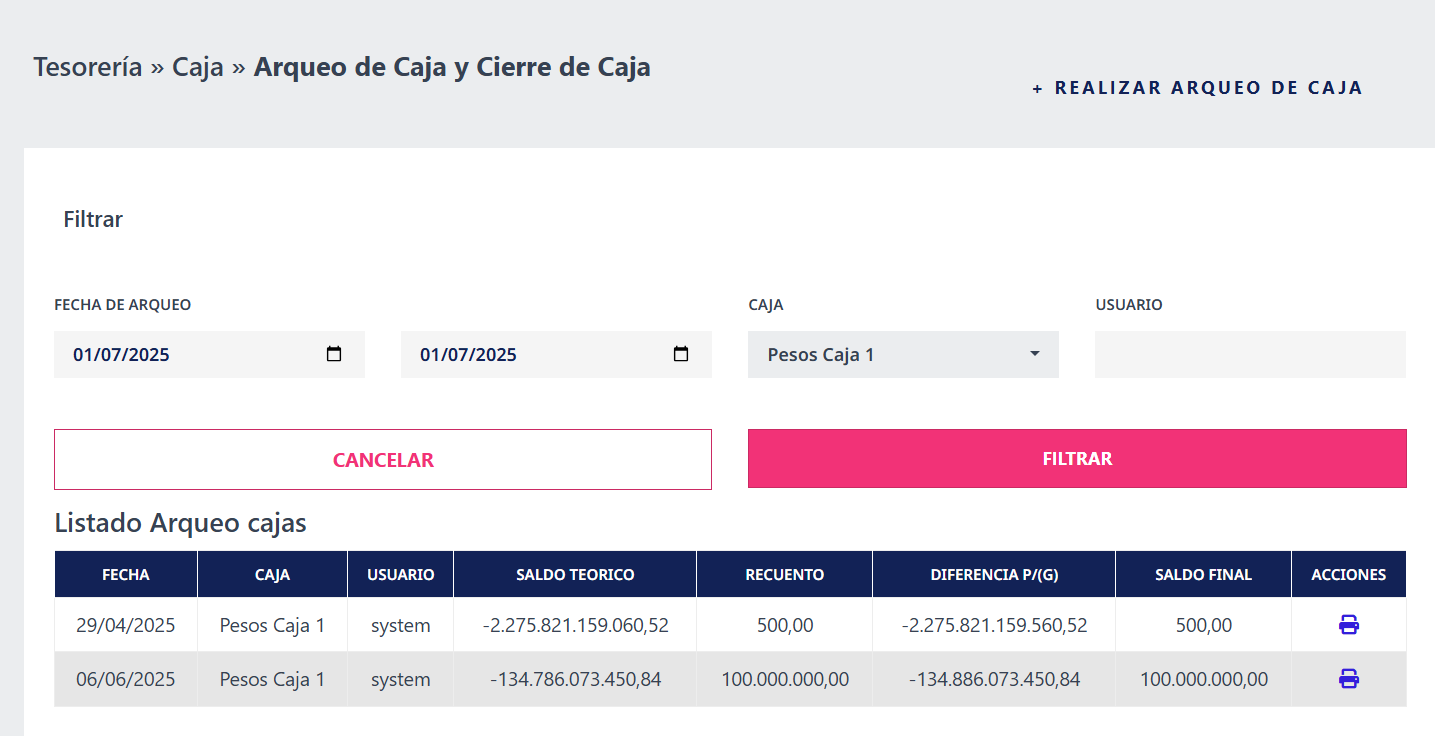 Filtros y listado de Arqueo de Caja