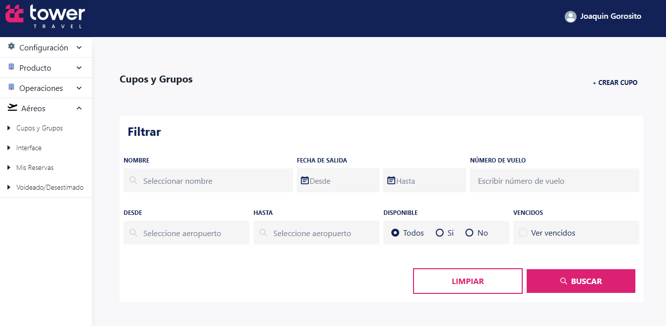 Filtros para crear cupo