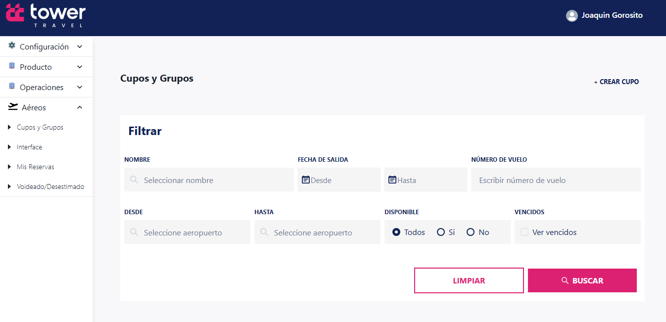 Filtros de búsqueda de Cupos y Grupos