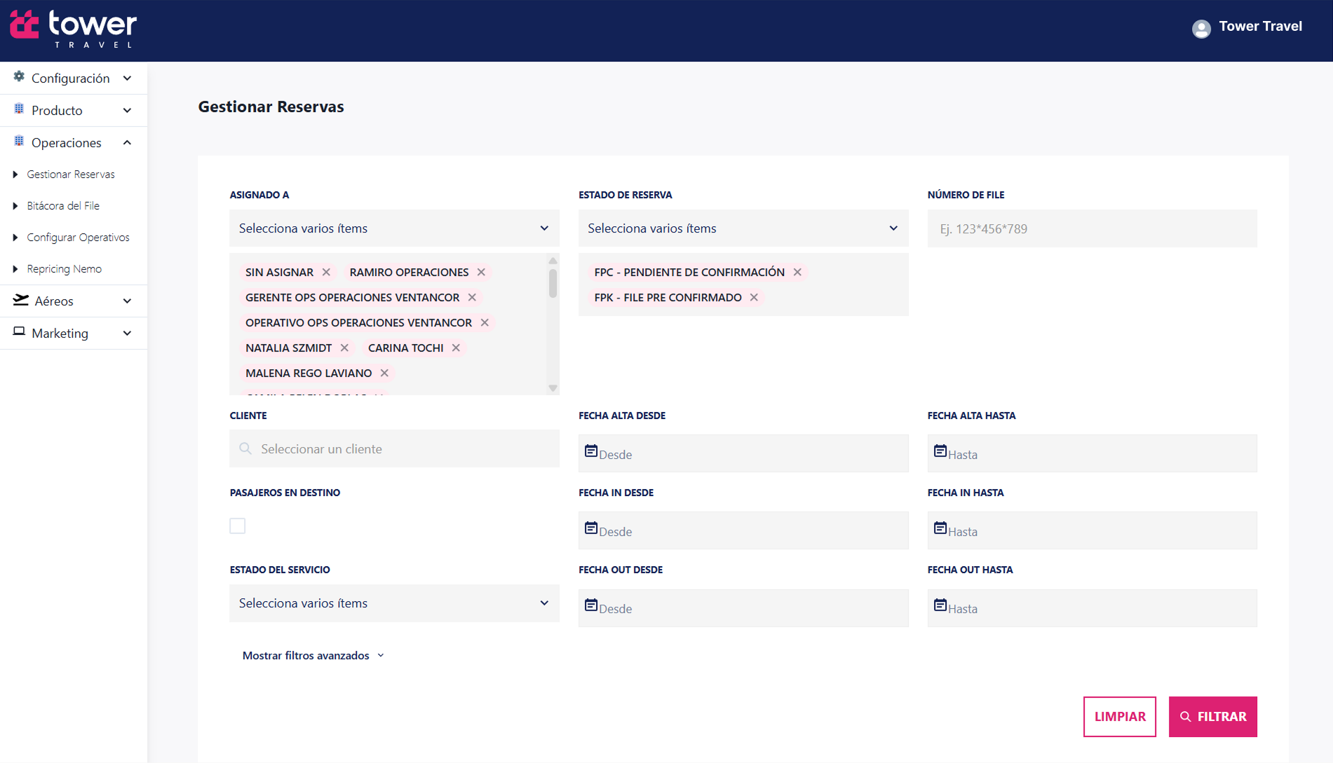 Filtros de búsqueda en Gestionar reservas